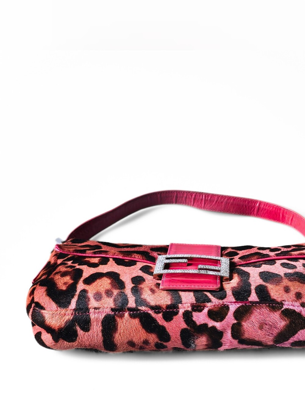 Fendi Baguette Vintage Pink Leopard Pony Hair Crystal Buckle Detail - Picture 3 of 16
